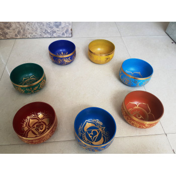Латунная поющая чаша медитации на 7 чакр с семью цветами чакр