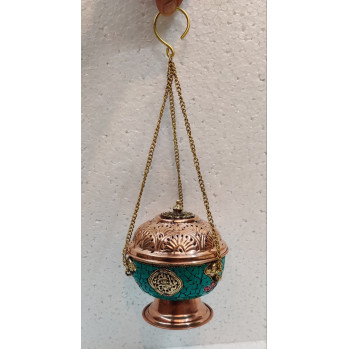 Тибетская подвесная курильница Dhoop из меди и латуни инкрустированная камнями