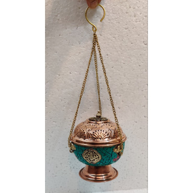 Тибетская подвесная курильница Dhoop из меди и латуни инкрустированная камнями
