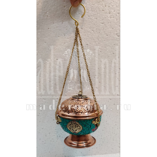 Тибетская подвесная курильница Dhoop из меди и латуни инкрустированная камнями